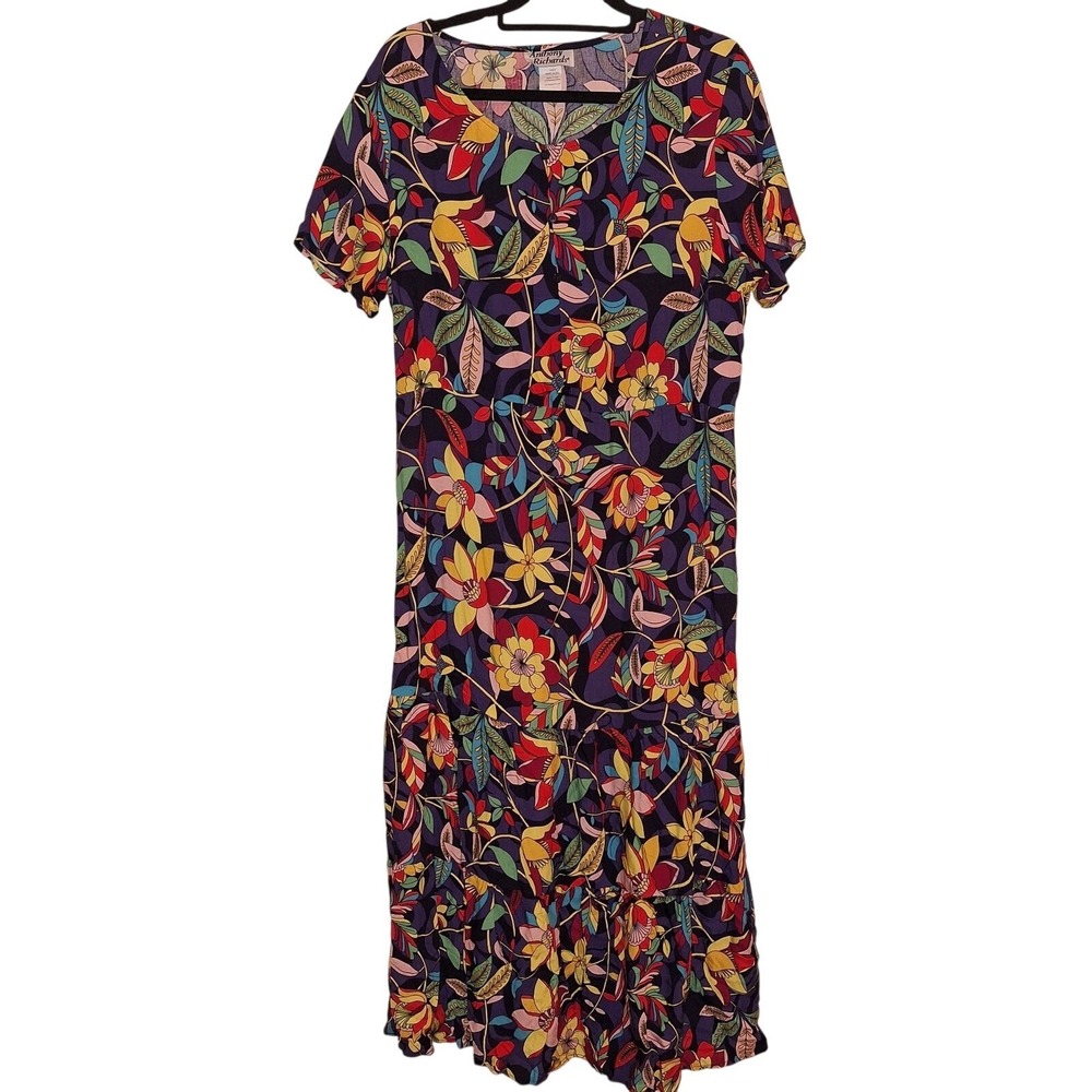 Vintage XLarge Tropical Floral‎ Maxi Tiered Dress Boho Vacation Anthony Richards